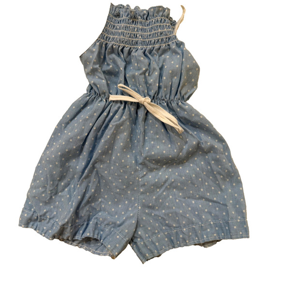 Vintage Polar Romper Girls 2T Blue White Polka Dot Smocked Infantwear Made USA - Picture 3 of 6
